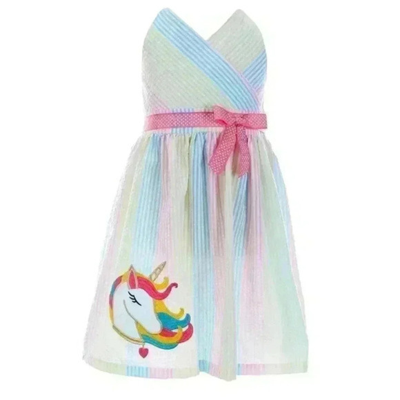 RARE EDITIONS Little Girl's size 4T Halter‎ Stripe Unicorn Seersucker Dress - Picture 1 of 7